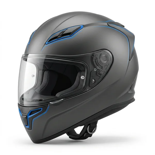 Illustrative render of an aerodynamic full-face sport touring motorcycle helmet in graphic livery