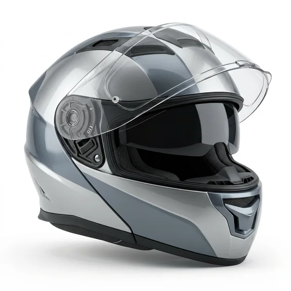Illustrative render of a modular flip-up motorcycle helmet with sun visor