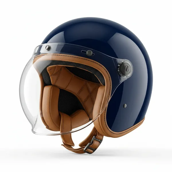 Illustrative render of an open-face 3/4 jet motorcycle helmet with bubble visor