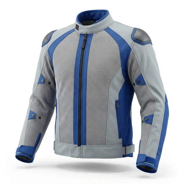 Illustrative render of a summer ventilated mesh motorcycle riding jacket with armor