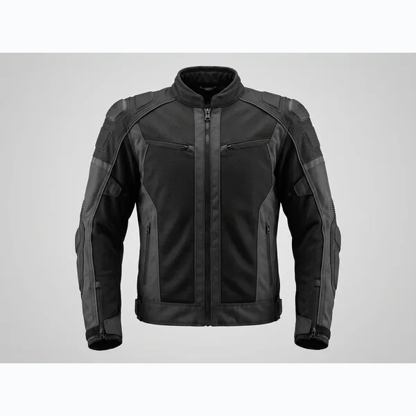 Illustrative render of a heavy-duty adventure touring motorcycle jacket with Cordura abrasion panels