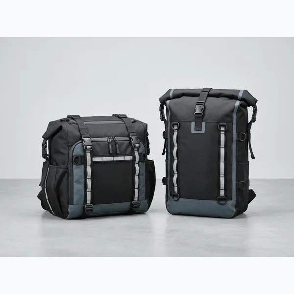 Illustrative render of a universal 72L waterproof motorcycle tail bag for touring